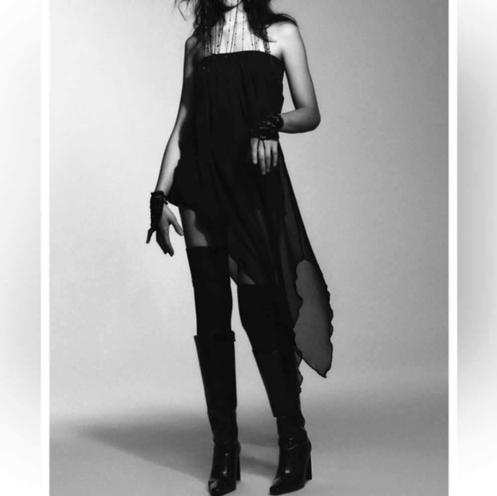 ZARA STRAPLESS LONG SHEER TOP BLACK - Picture 6 of 10